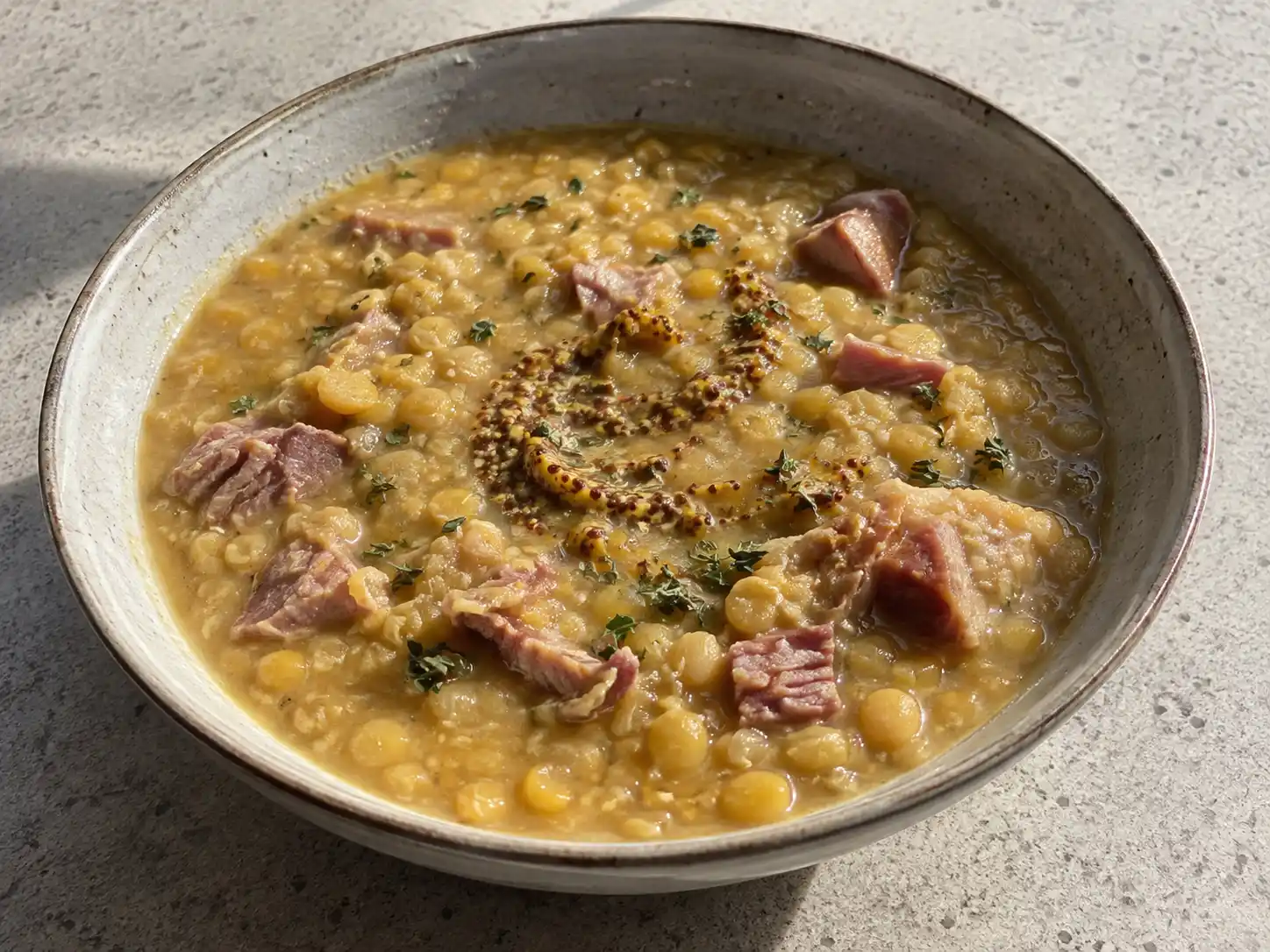 ärtsoppa med fläsklägg i djup tallrik med gula ärtor, mört fläsk, timjan och en klick grov senap