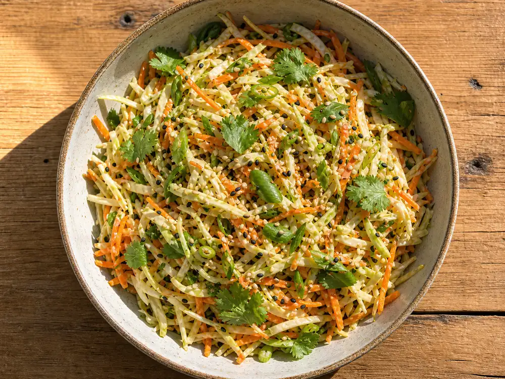 asiatisk coleslaw i skål med tunn kål, morot, salladslök och sesam på toppen