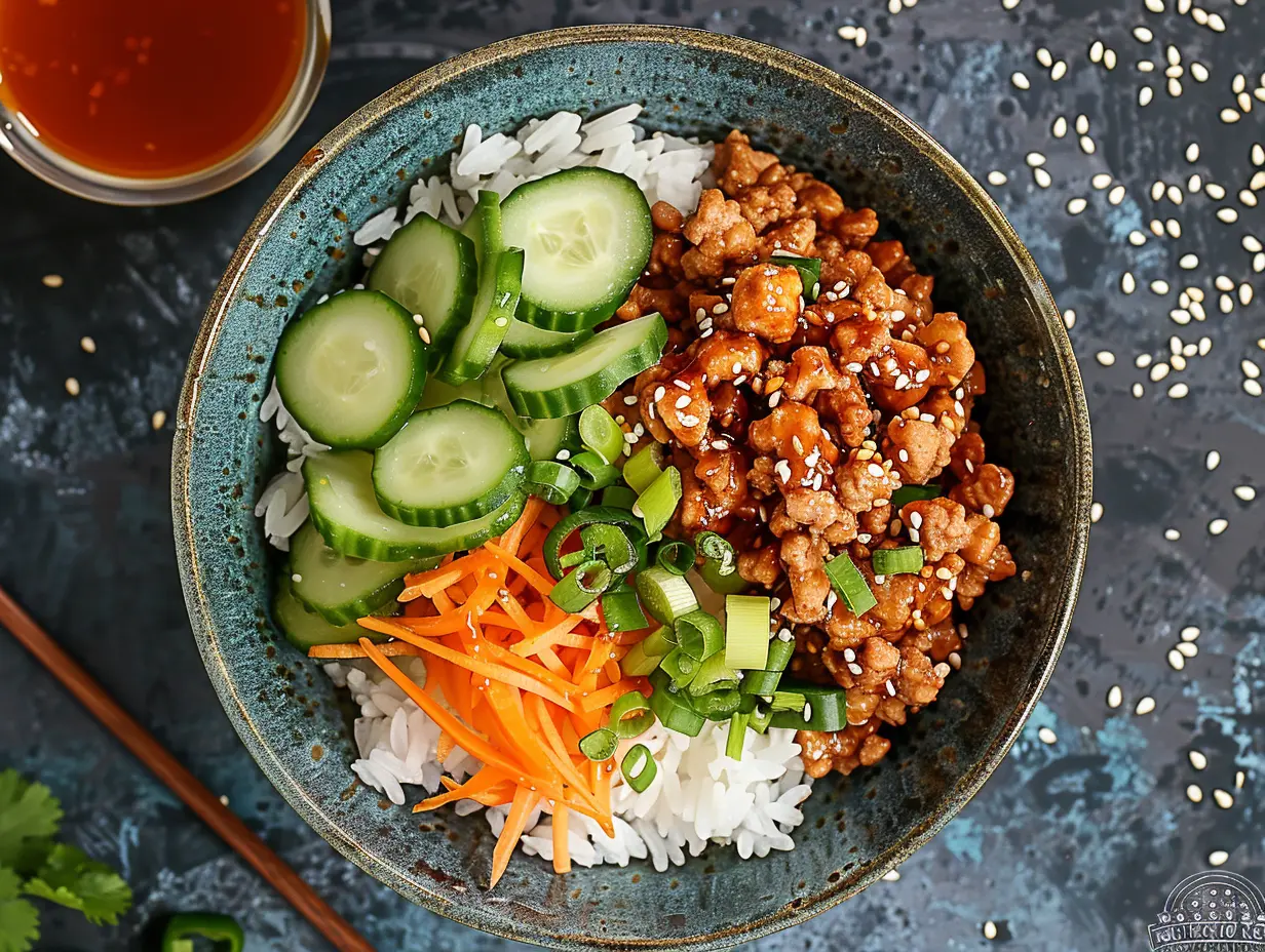 Asiatisk kycklingfärs serverad i skål med ris, lime, koriander och krispig gurka.