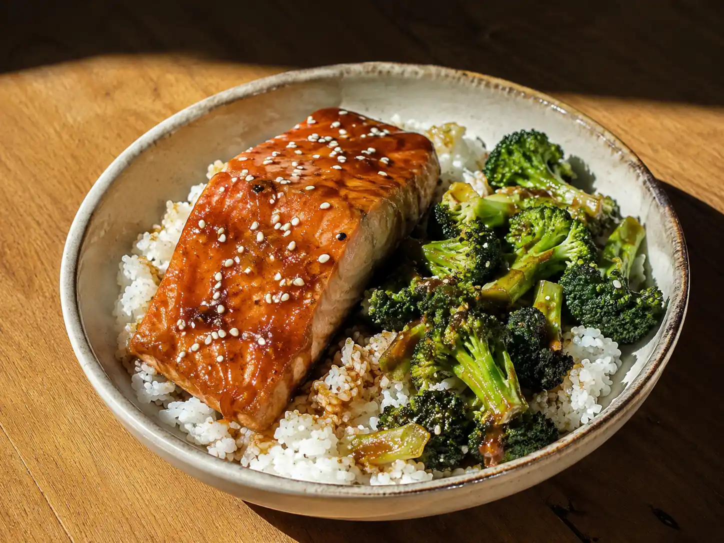 asiatisk lax teriyaki på tallrik med blank sås, ris, broccoli, sesamfrön och salladslök