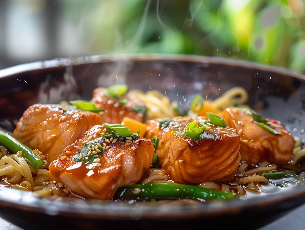 Asiatisk laxwok med äggnudlar, broccoli och sesamfrön i en skål med pinnar.