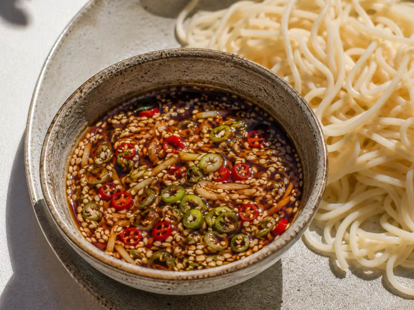 asiatisk sås i liten skål med blank yta, sesamfrön, chili och salladslök bredvid nudlar