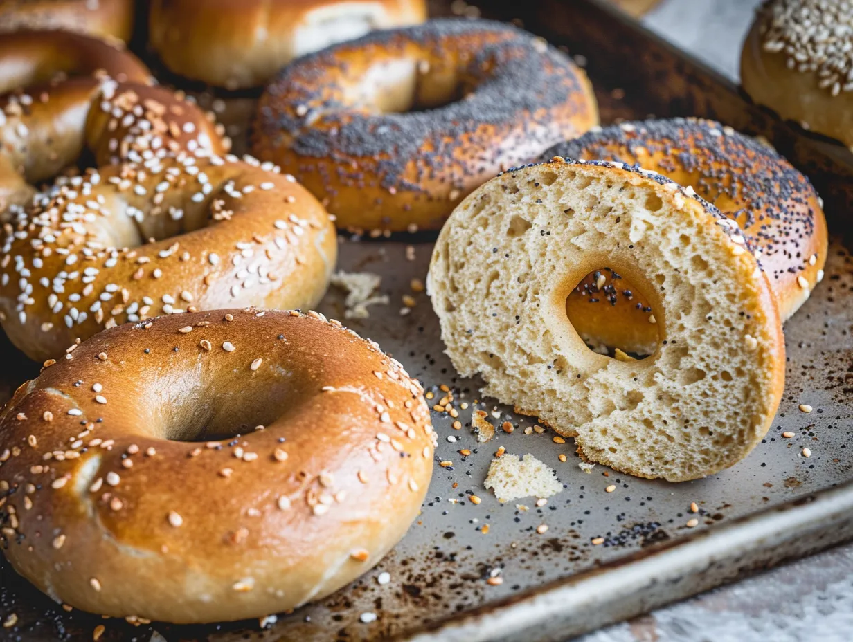 Bagels med seg insida och gyllene yta, toppade med sesam och vallmo