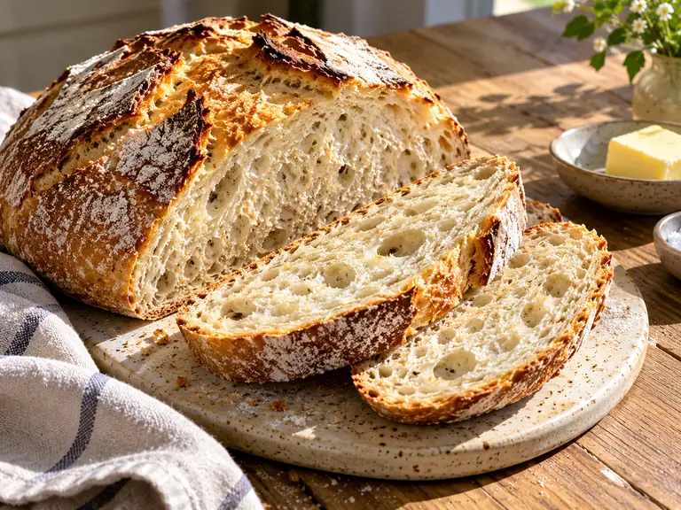 baka bröd med gyllene skorpa och tydlig hembakad struktur serverat på ett enkelt ljust keramikfat