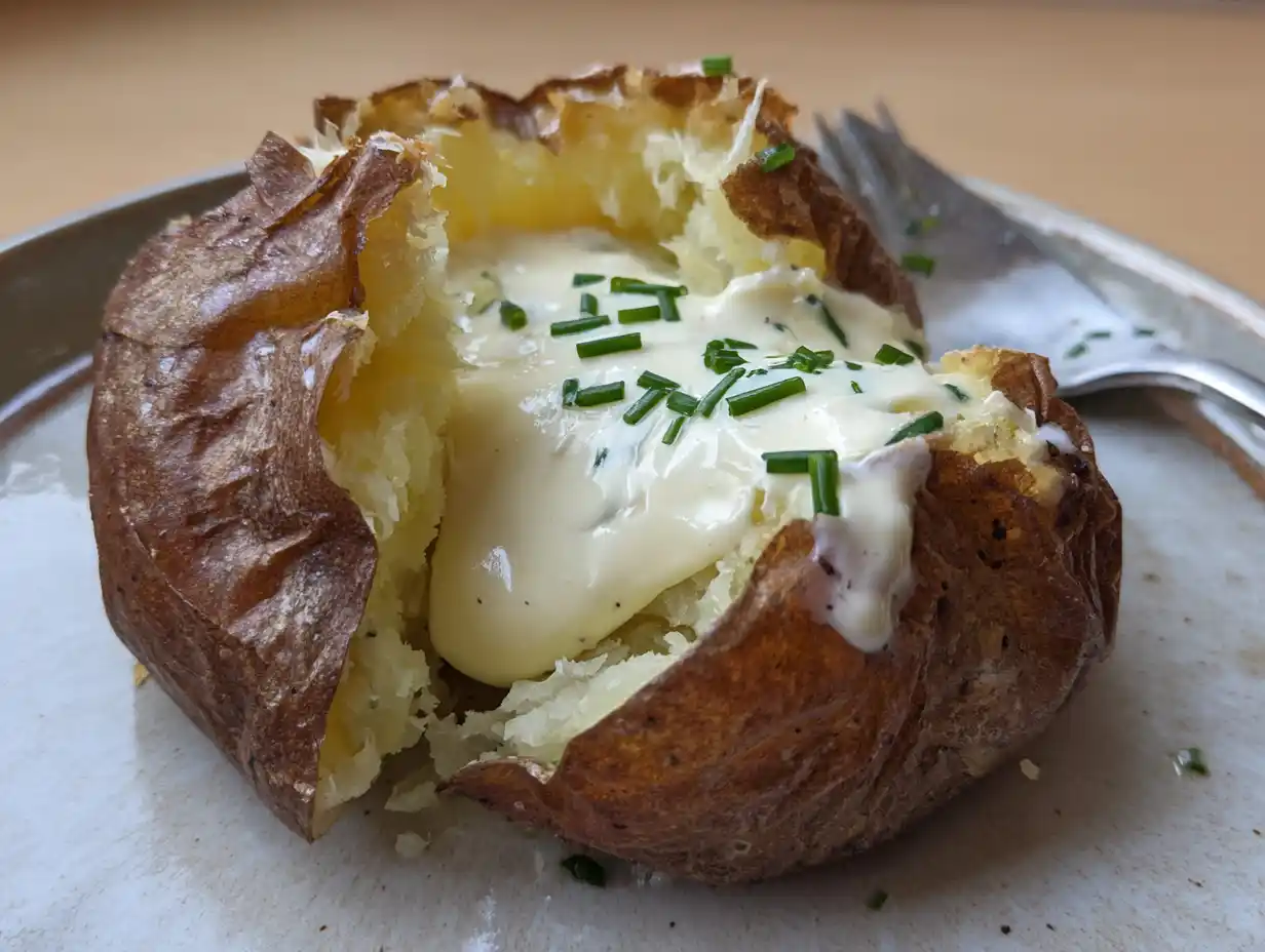 Bakad potatis på tallrik med frasigt skal, smör, ost och krämig röra i enkel hemmamiljö.