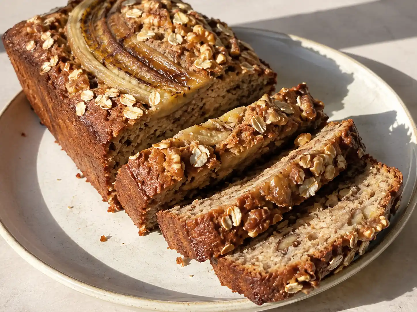 Bananbröd utan socker i skivor med gyllene yta, synlig banan, havregryn och valnötter