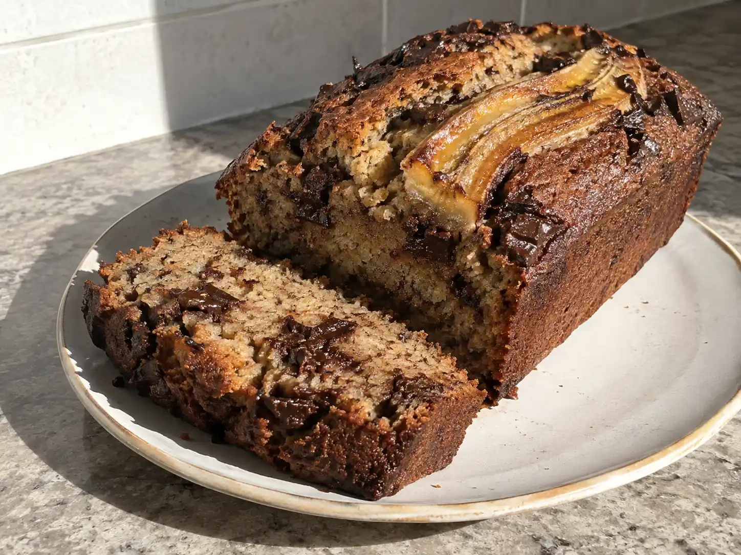 banankaka med choklad i avlång form med gyllene yta, bananskiva och grova bitar mörk choklad