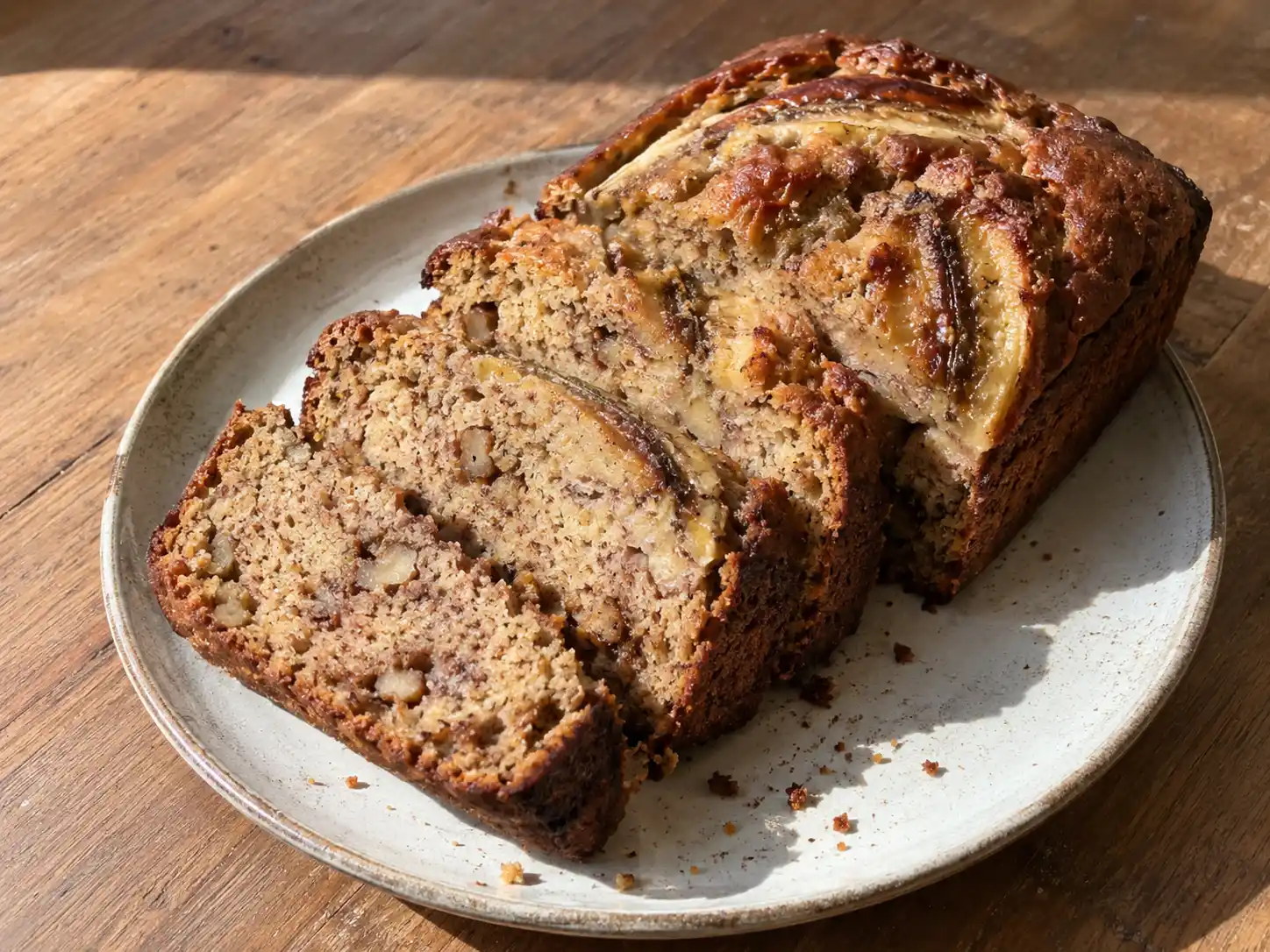 banankaka utan socker i skivor med gyllene yta, synliga bananhalvor och grovhackade valnötter