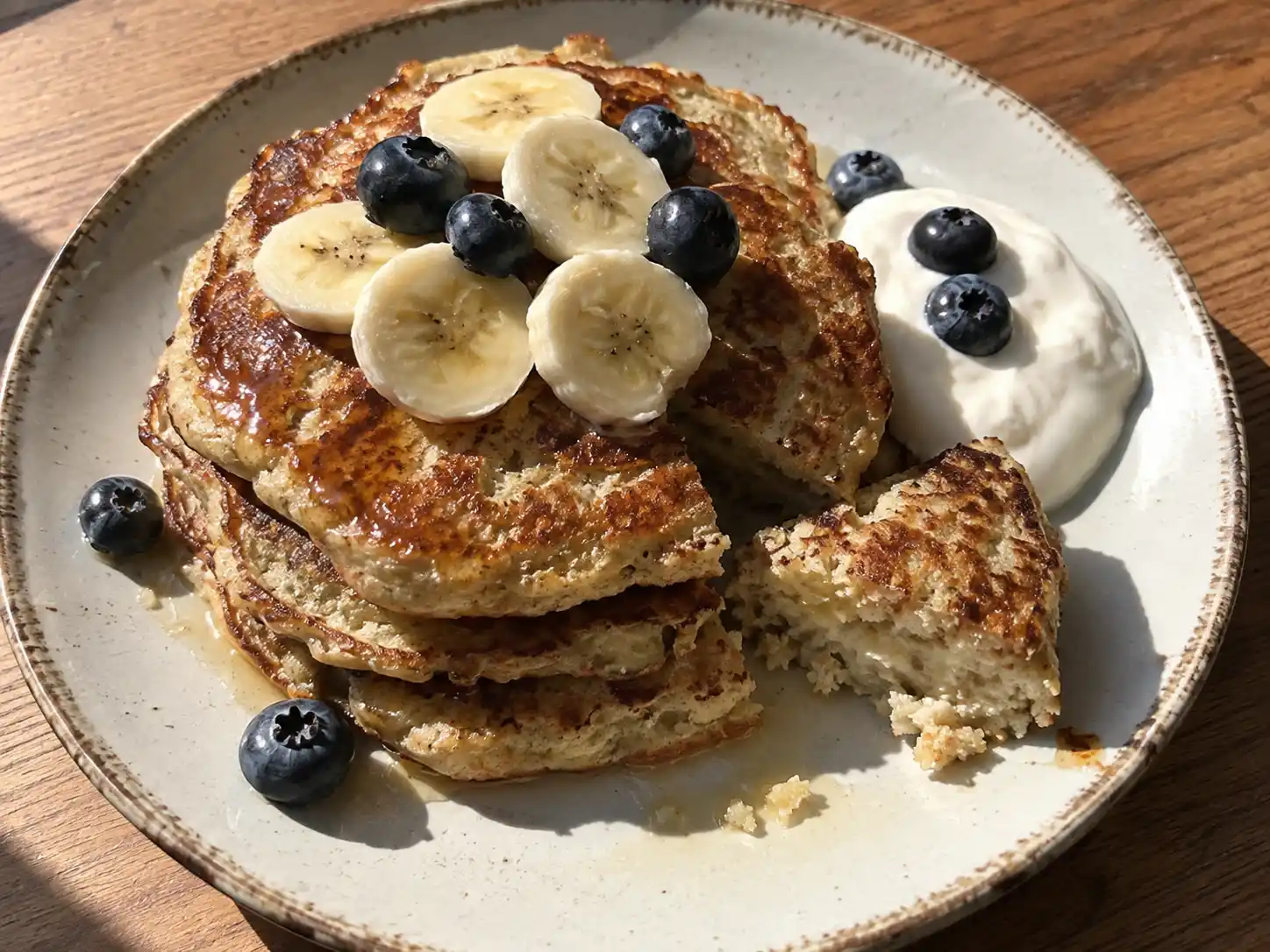bananpannkaka utan ägg i en liten stapel med gyllene yta, bananskivor och blåbär på en ljus tallrik