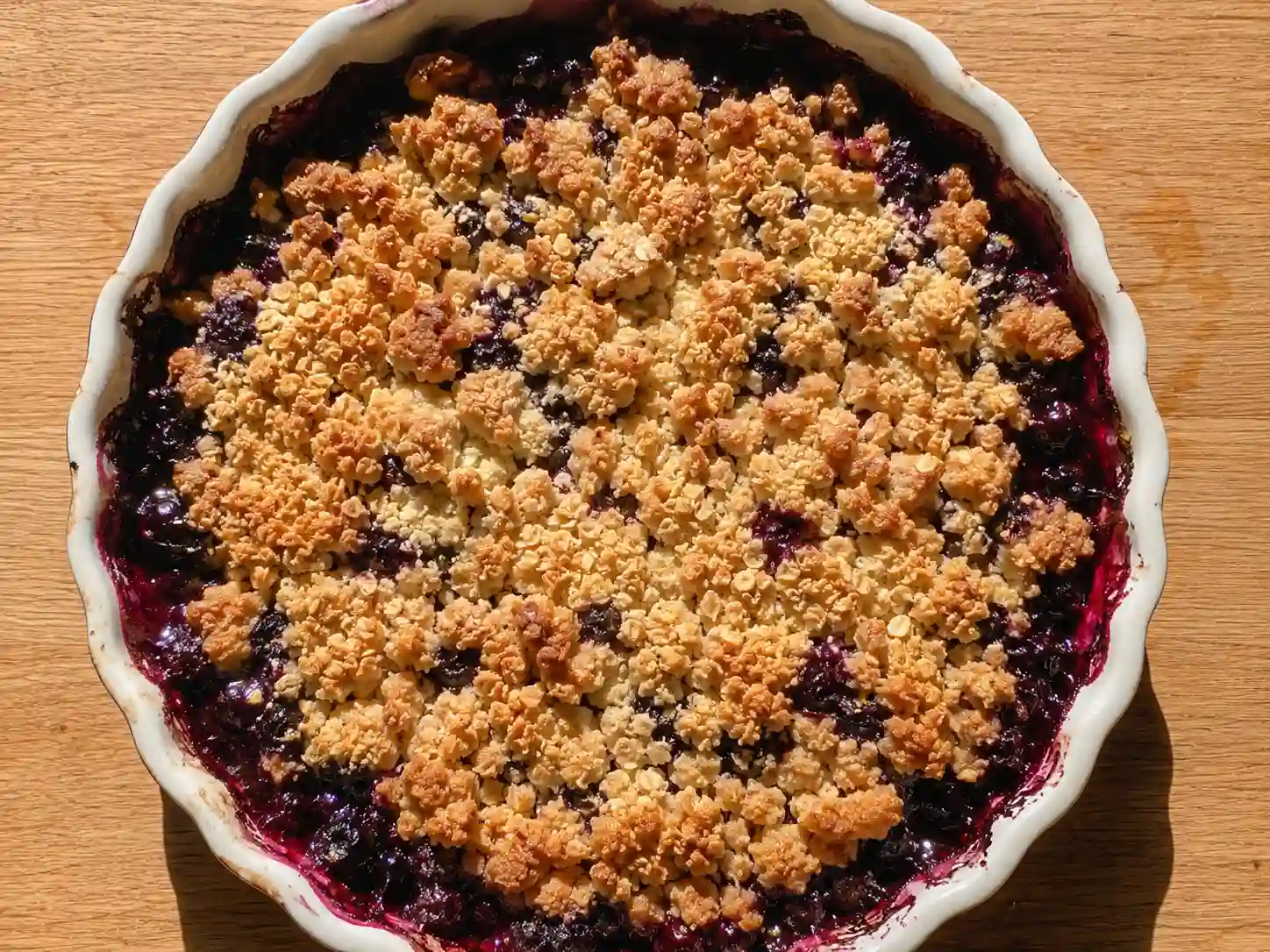 blåbärspaj glutenfri i pajform med bubbliga blåbär och gyllene smultäcke på bordet