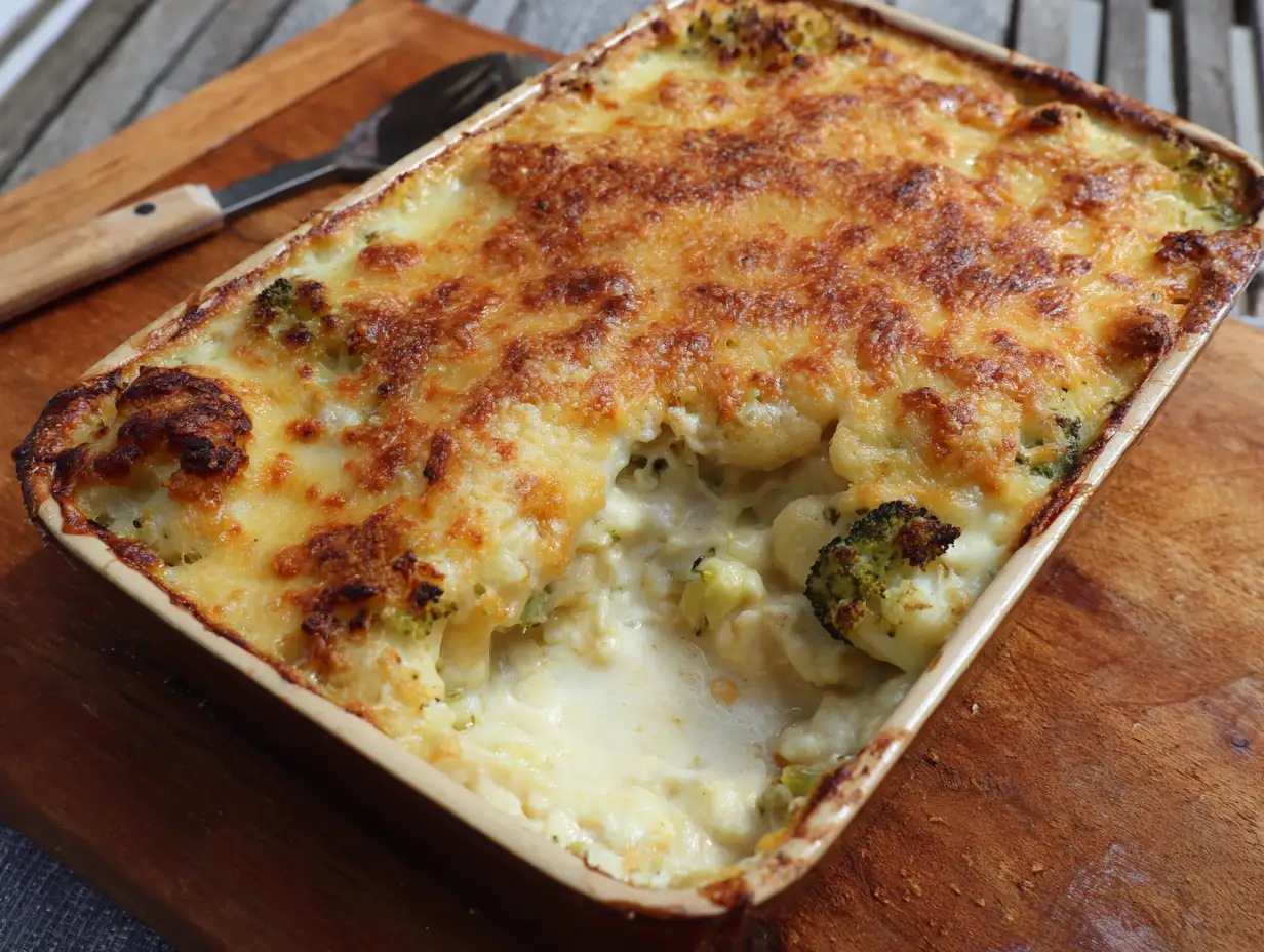 blomkål broccoli gratäng i ugnsform med gyllenbrun ostyta, synlig broccoli och blomkål under krämig sås