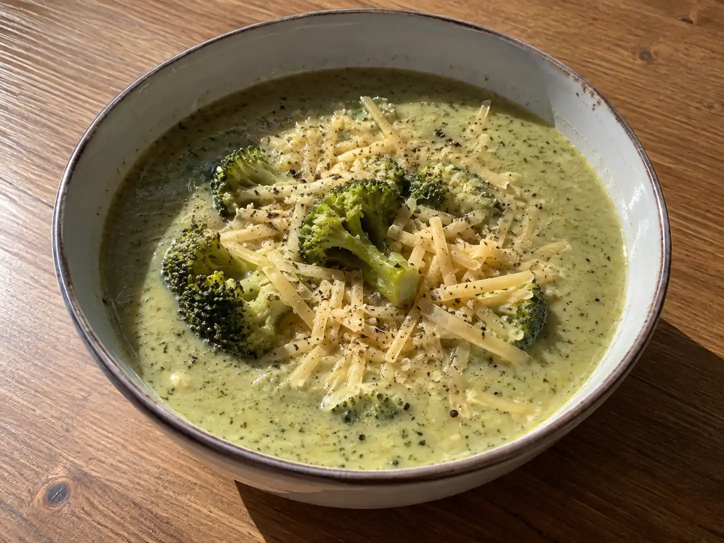 Broccolisoppa med ost i en djup tallrik med broccolibuketter, riven lagrad ost och nymalen svartpeppar
