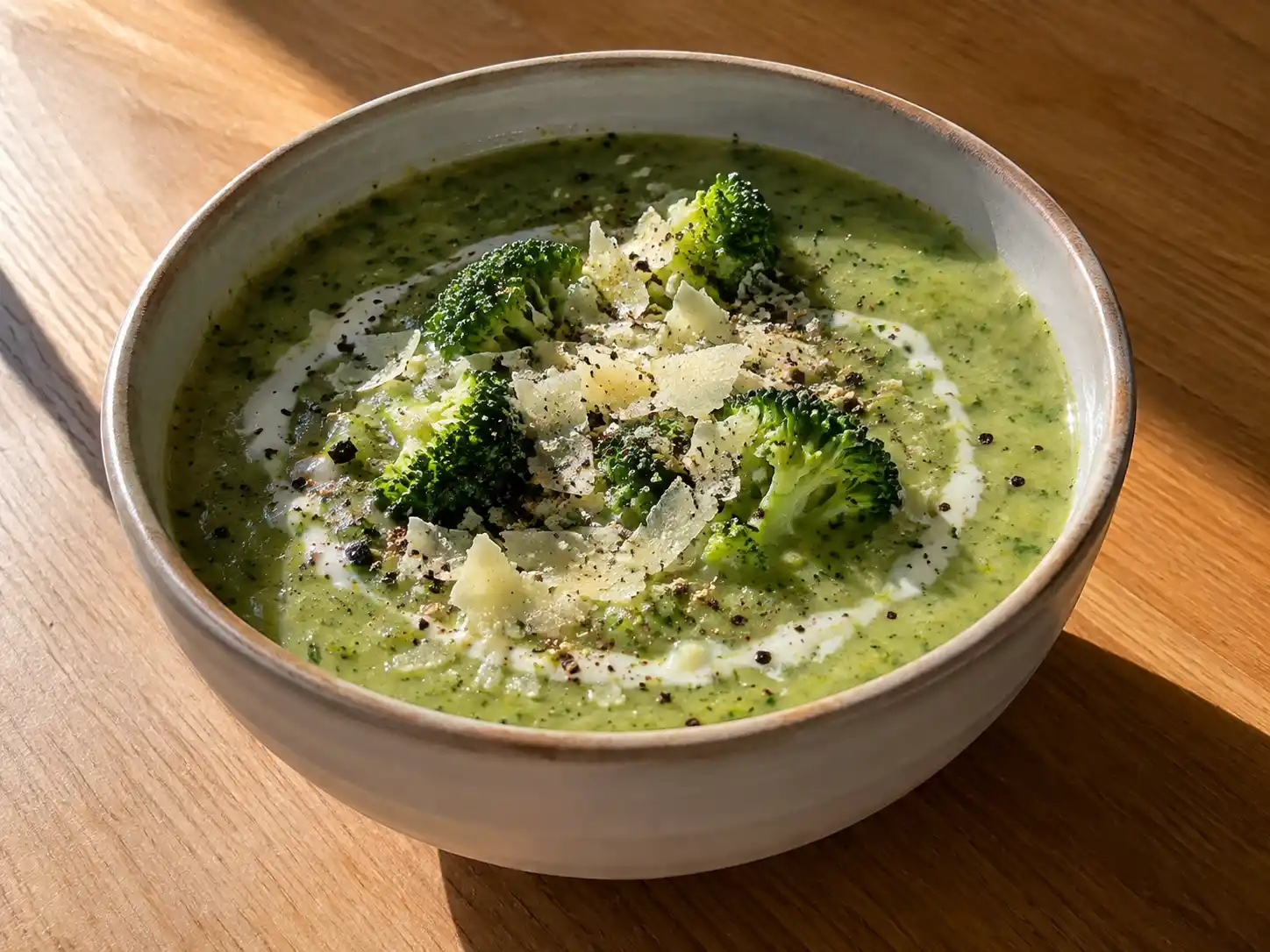 broccolisoppa utan potatis i skål med grön broccoli, gräddvirvel, lagrad ost och svartpeppar