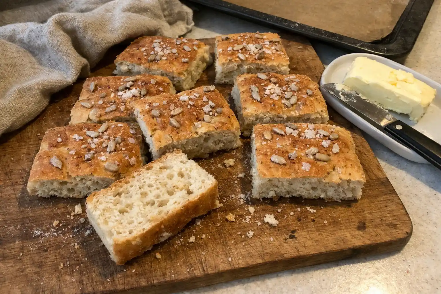 Bröd i långpanna skuret i bitar på skärbräda, mjukt inkråm och tunn gyllene skorpa