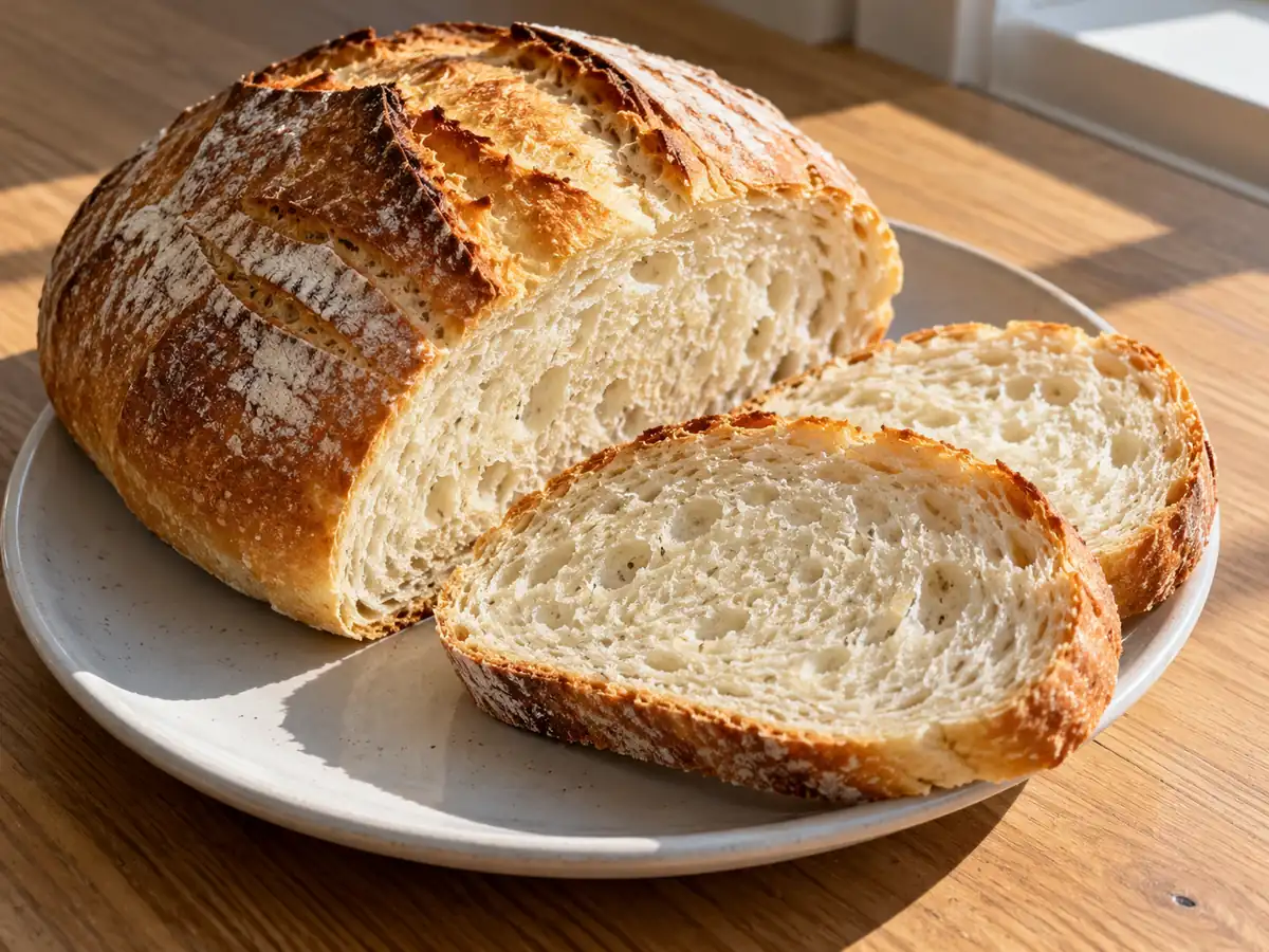 bröd med gyllene skorpa och tydlig hembakad struktur serverat på ett enkelt ljust keramikfat