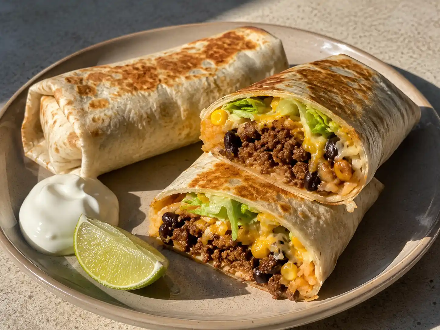 burrito recept köttfärs med kryddig färs, ris, svarta bönor, majs, sallad och riven ost