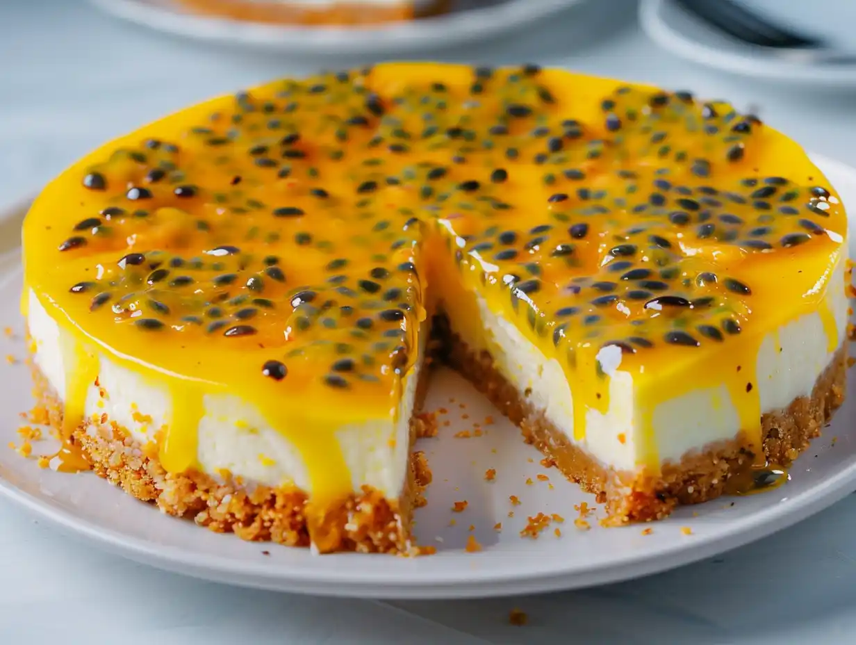 cheesecake med passionsfrukt på fat med blank gul topping och krämig fyllning på smulig kexbotten