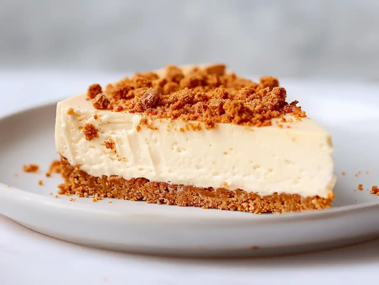 cheesecake med pepparkaka på fat med krämig fyllning, smulig botten och lätt gyllene topp i naturligt ljus.