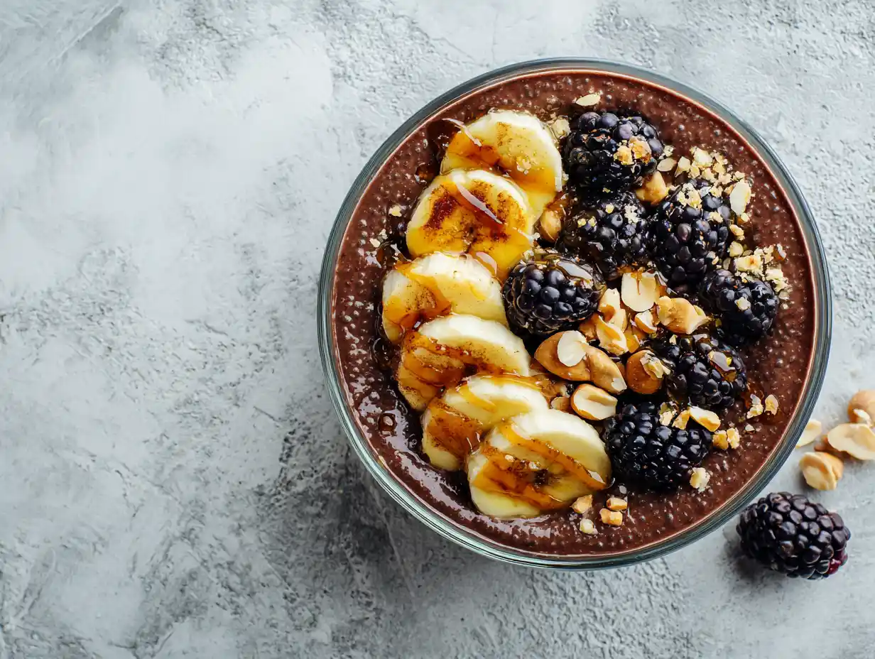 Chiapudding choklad med krämig konsistens toppad med banan, bär och nötter i skål