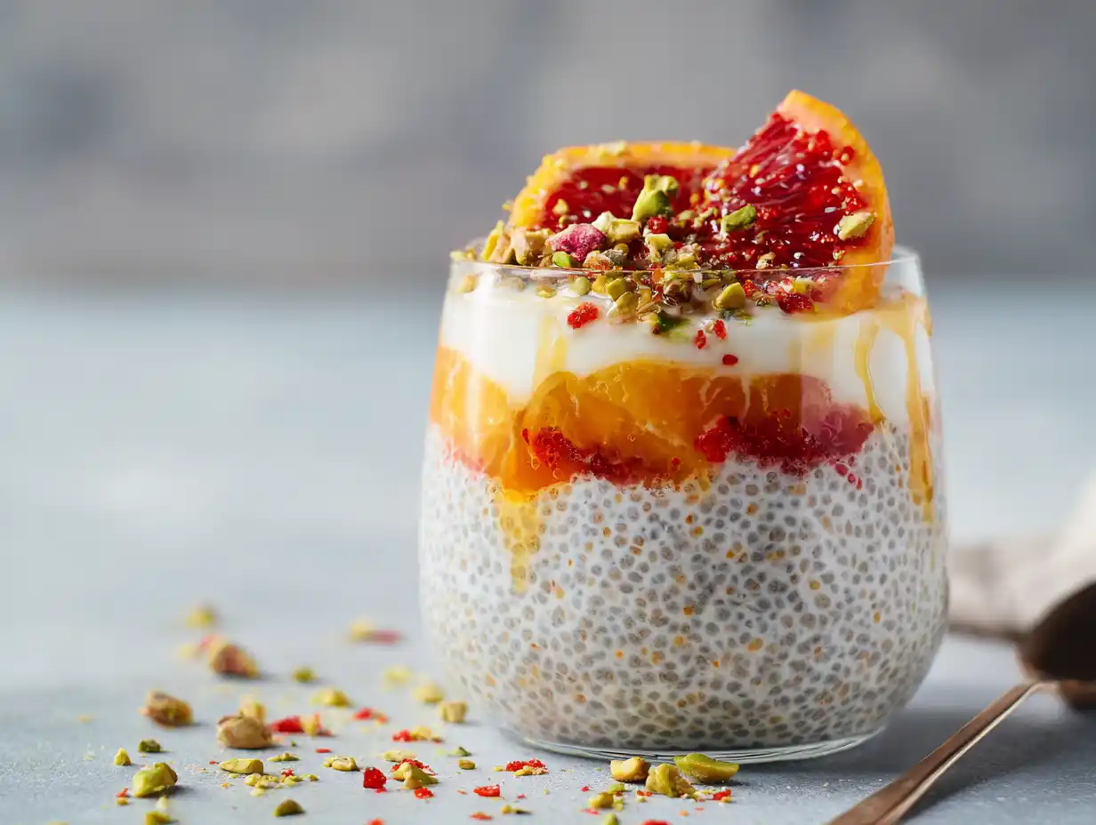 Chiapudding kvarg i glas med blodapelsin, pistagenötter och honung, serverad som frukost