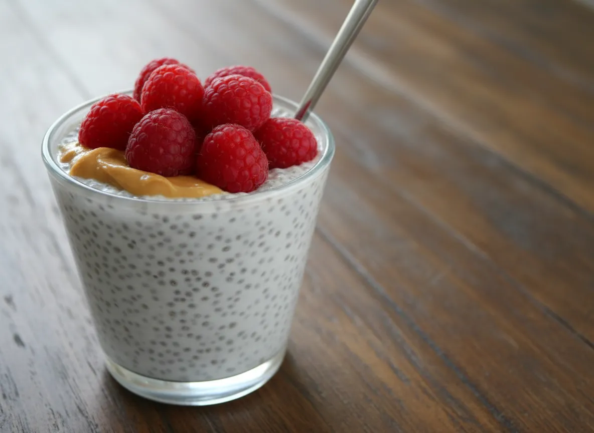 En krämig chiapudding med kokosgrädde serverad i ett vackert glas med färgstarka bär och krispig hemgjord granola på toppen.
