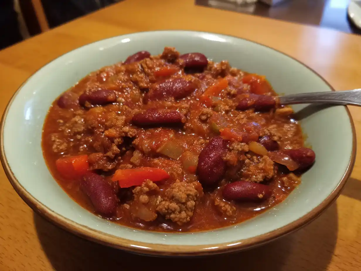 chili con carne original i djup skål med köttfärs, kidneybönor, tomat och mjuk lök i röd mustig sås.
