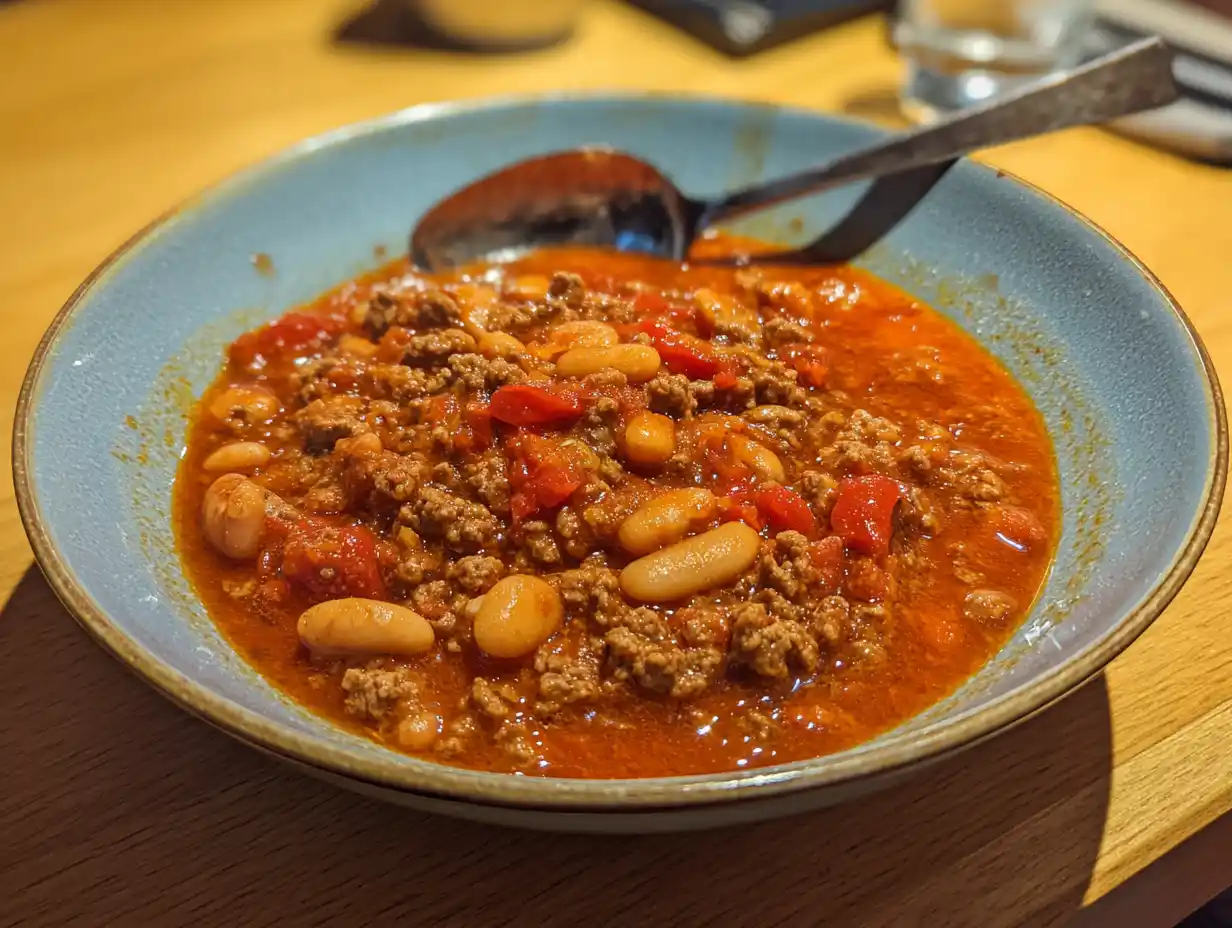 Chili con carne vita bönor i tomatsås i skål med köttfärs, vita bönor och tjock tomatsås.