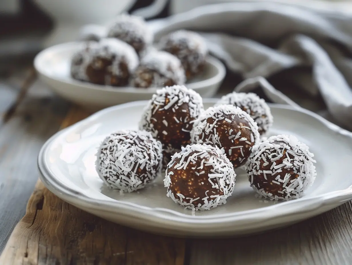 En hög med klassiska chokladbollar med kokos staplade på ett vackert fat redo för fika.