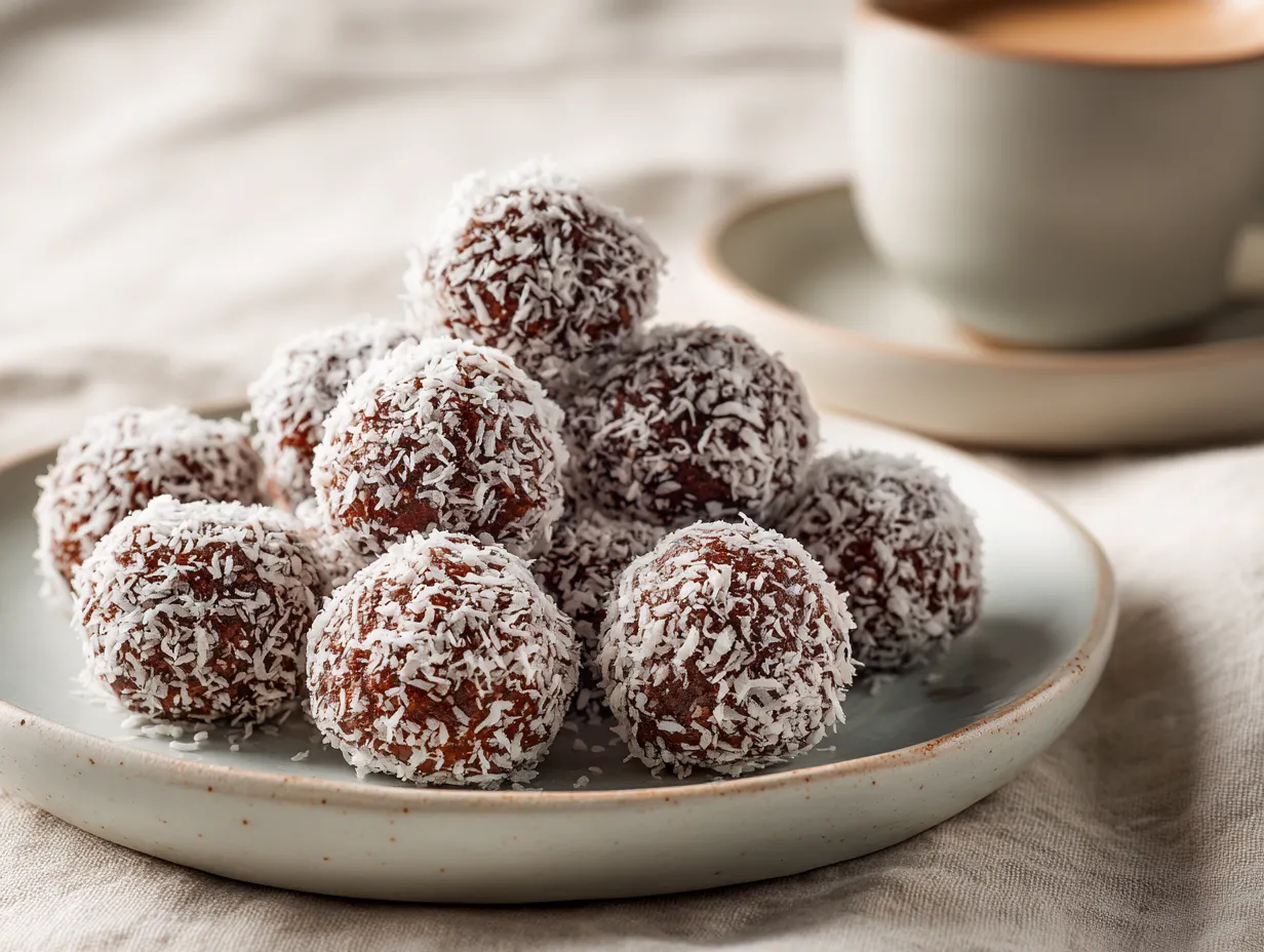 Krämiga chokladbollar rullade i kokos och pärlsocker upplagda på ett fat redo för fika.