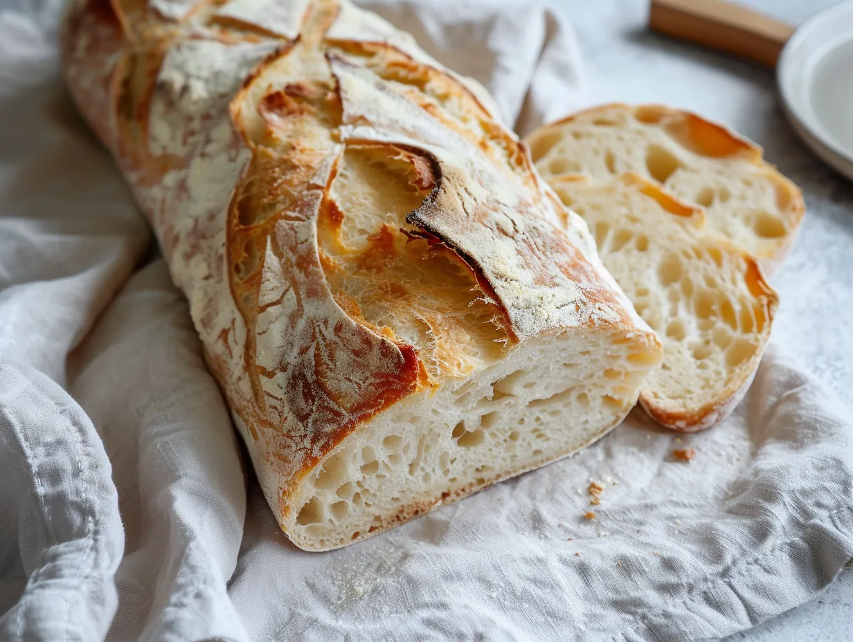 Ciabatta recept med luftiga små bröd och krispig gyllene yta, nybakade hemma