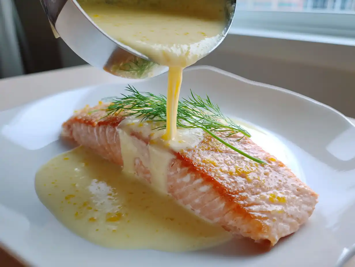 Citronsås lax i liten kastrull med citronskivor och dill, gräddig gul sås, naturligt ljus