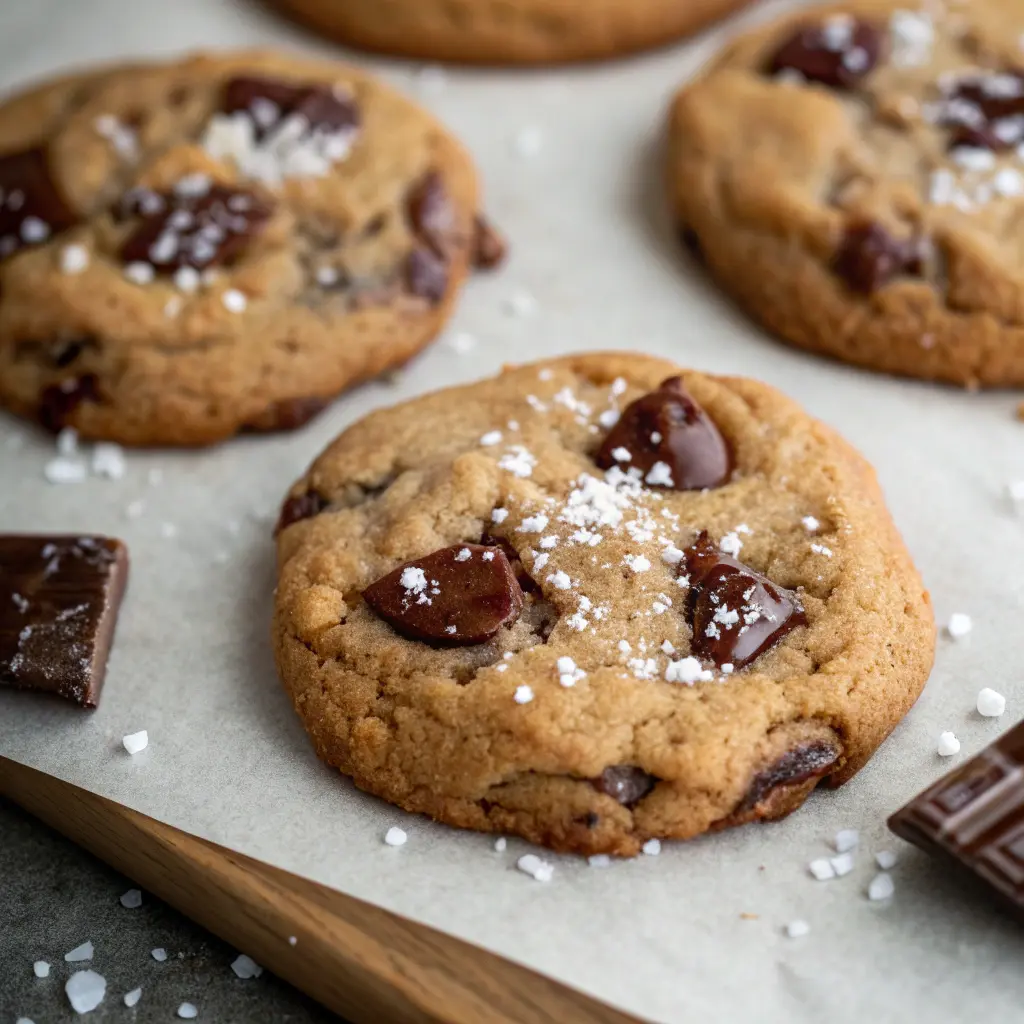 Saltade chokladkakor på plåt med flingsalt