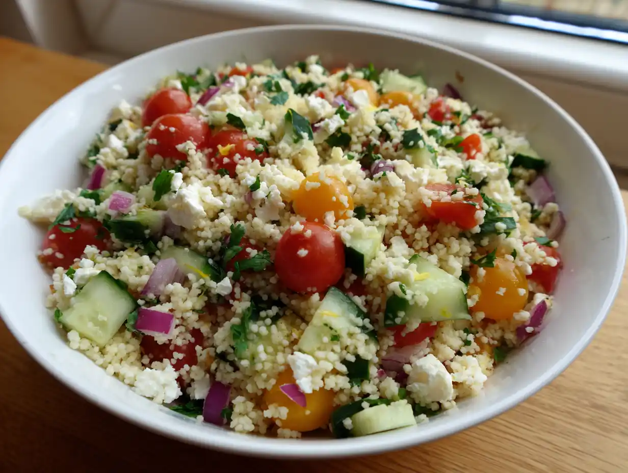Couscous sallad i skål med grillade grönsaker, fetaost, mynta och citron, naturligt ljus