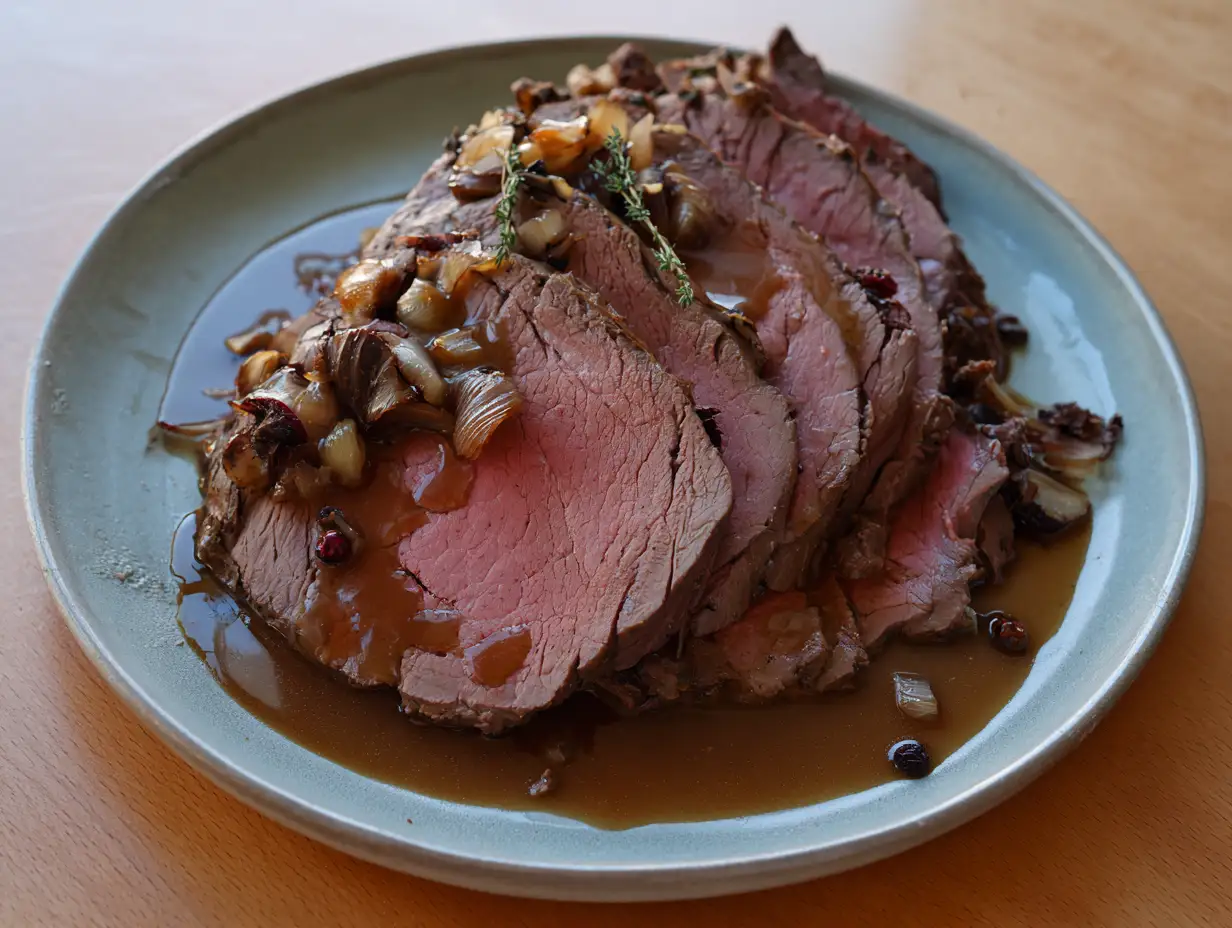dovhjort recept fransyska skuren i skivor på fat med mörk sky, örter och tydlig stekyta från ugnen.