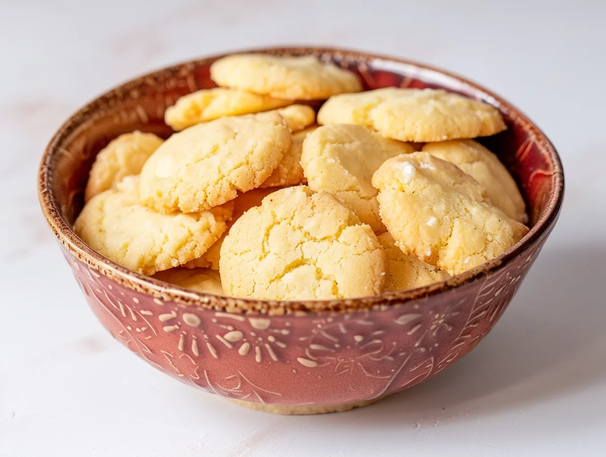 En närbild på spröda drömmar staplade på varandra som visar den karakteristiska spruckna ytan och luftiga konsistensen.