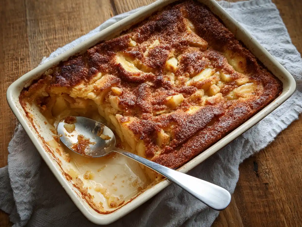 Enkel äppelkaka i ugnsform, gyllenbrun yta med kanelsocker och äppelbitar