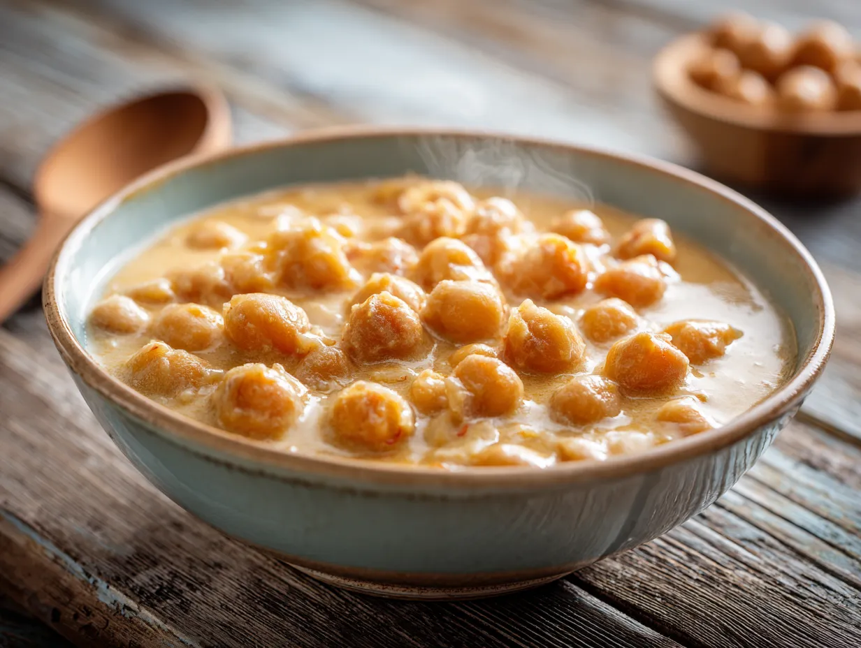 Enkla vegetariska recept som denna snabba kikärtsgryta med kokosmjölk serverad i en rustik skål.