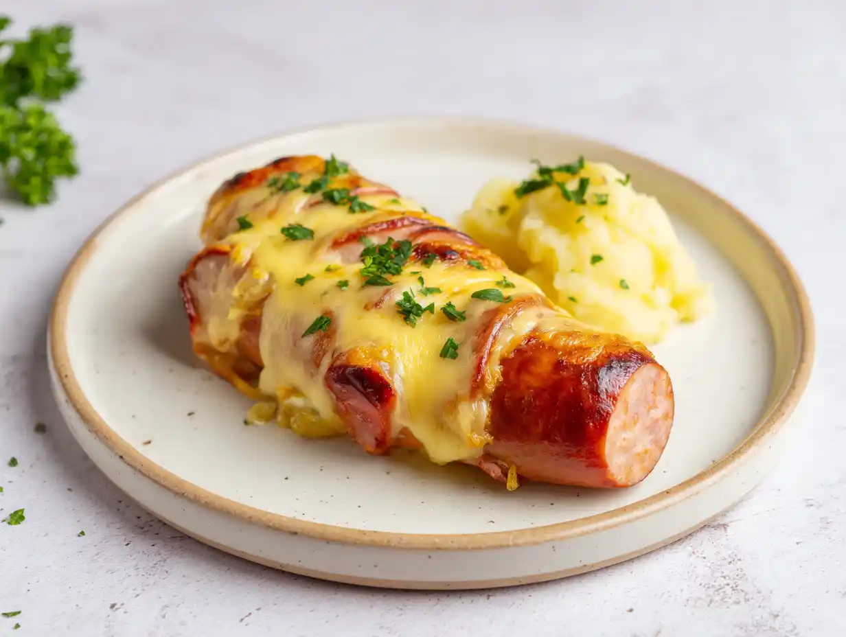 falukorv i ugn bostongurka serverad varm med smält ost, senap och bostongurka på fat i ljus miljö.