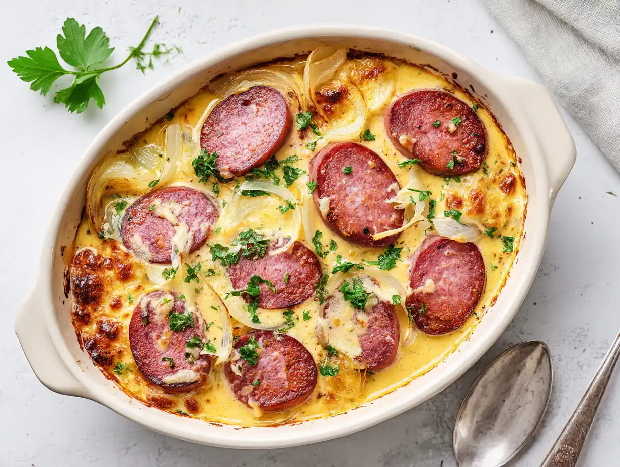 falukorv i ugn med sås serverad varm i ugnsform med krämig senapssås, lök och gyllene yta.