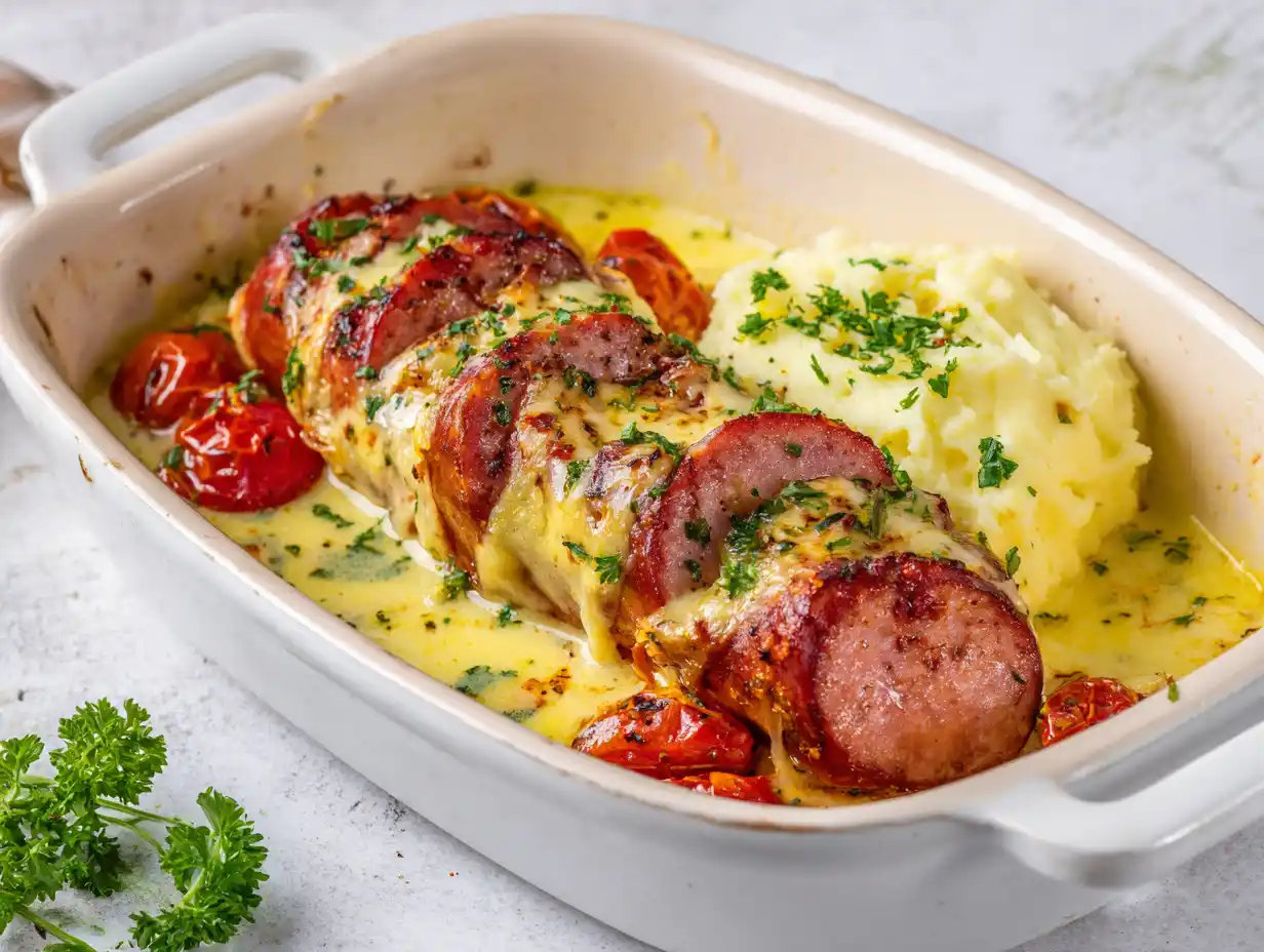 falukorv i ugn skivad i form med tomat, mjuk lök, senap och gratinerad ost på toppen.