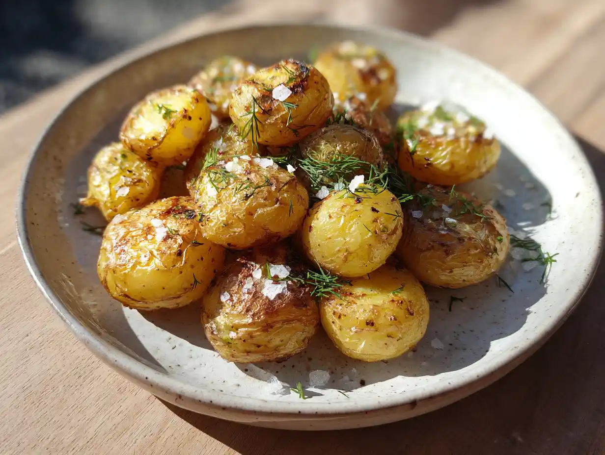 Färskpotatis i airfryer med gyllene krispig yta och flingsalt på en rustik tallrik.