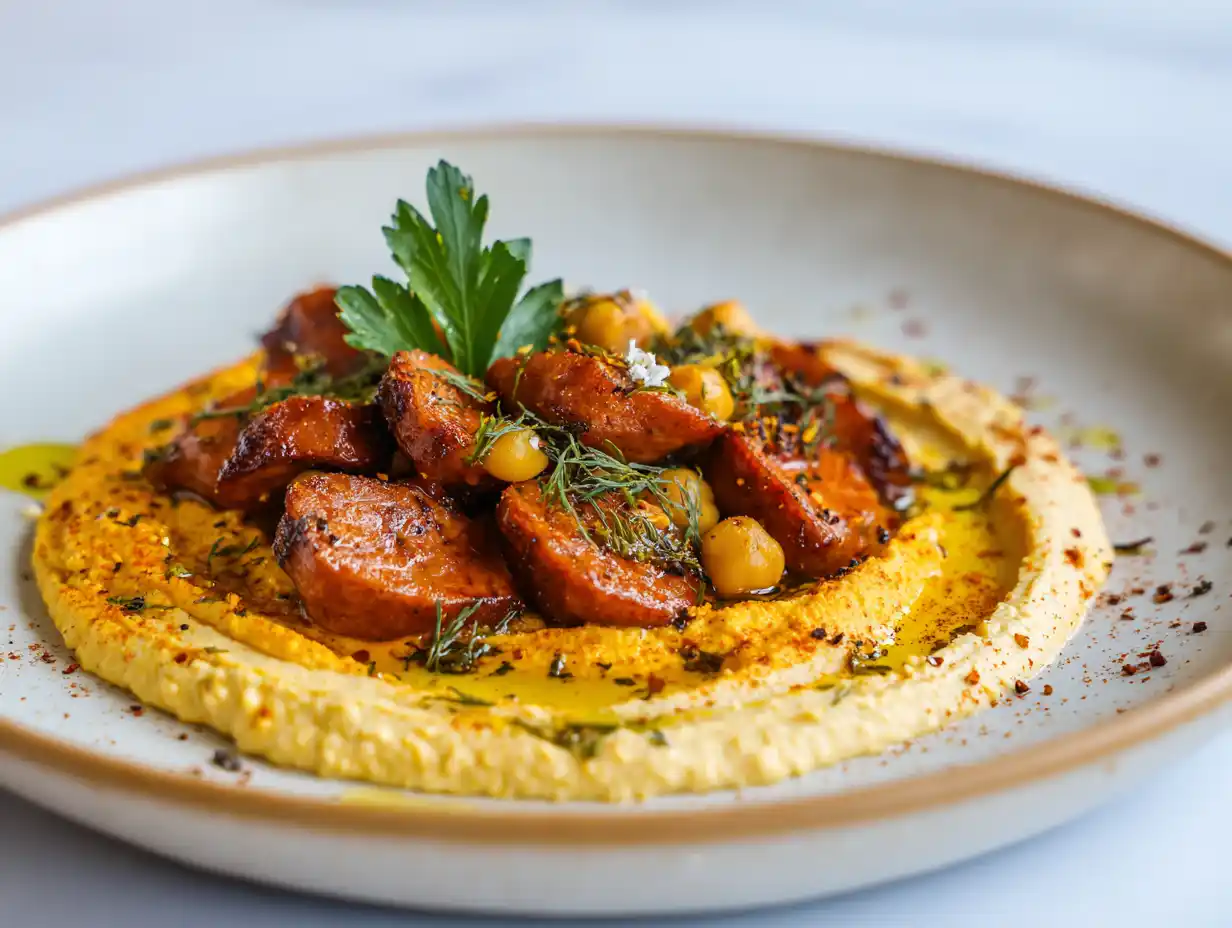 Festlig kyckling till nyår med heta kycklingprinskorvar och len sötpotatishummus på ljust fat med lite olivolja ovanpå.