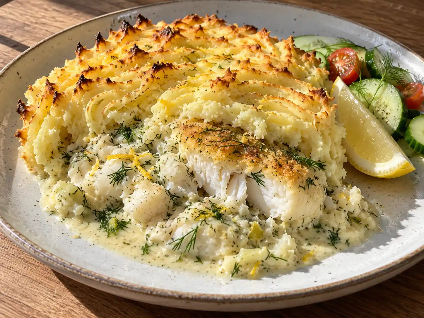 fiskgratäng med potatismos, vit fisk och krämig dillsås med gyllene mos runt kanten