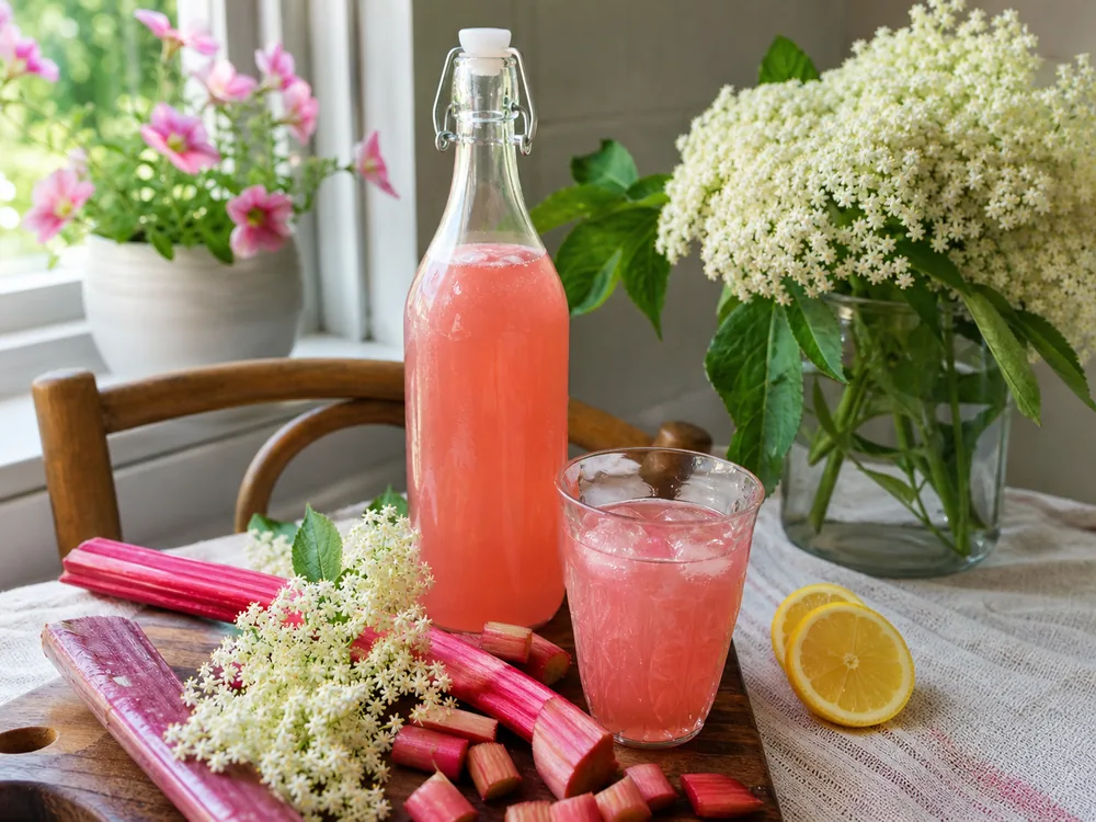 Flädersaft med rabarber i rosa glasflaska med fläderblommor citron och rabarber