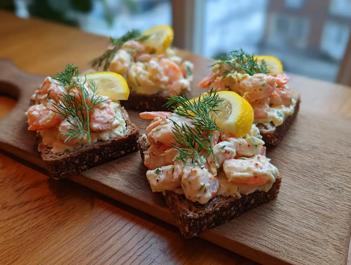Förrätter med räkor – toast skagen på bricka med räkor, majonnäs och rom, naturligt ljus