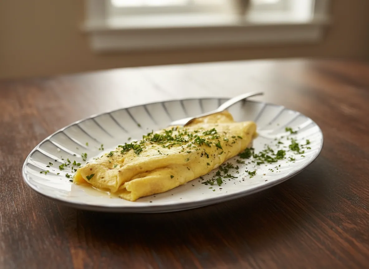 En perfekt gyllengul fransk omelett som serveras nystekt och krämig på en tallrik för en lyxig start på dagen.