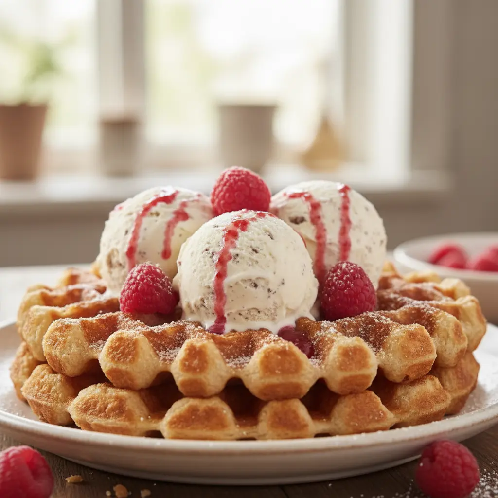 Frasiga våfflor med glass och hallon