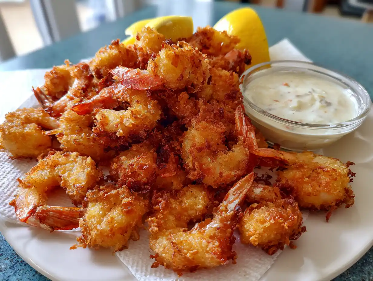Friterade räkor på fat med krispigt panko-skal, citronklyftorna och aioli i liten skål, naturligt ljus