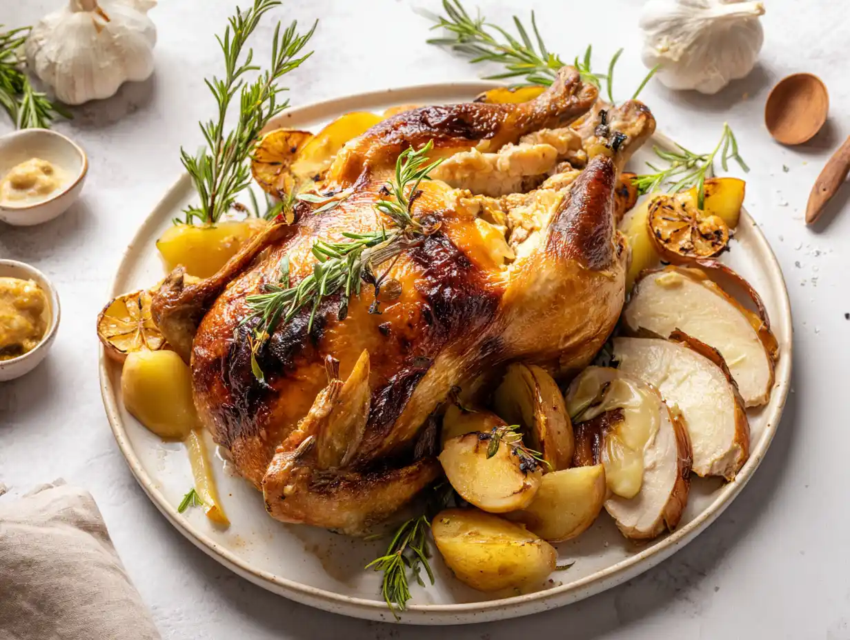 fylld hel kyckling i ugn serverad med len jordärtskockspuré och mjuk kompott på schalottenlök och äpple på ljus tallrik.