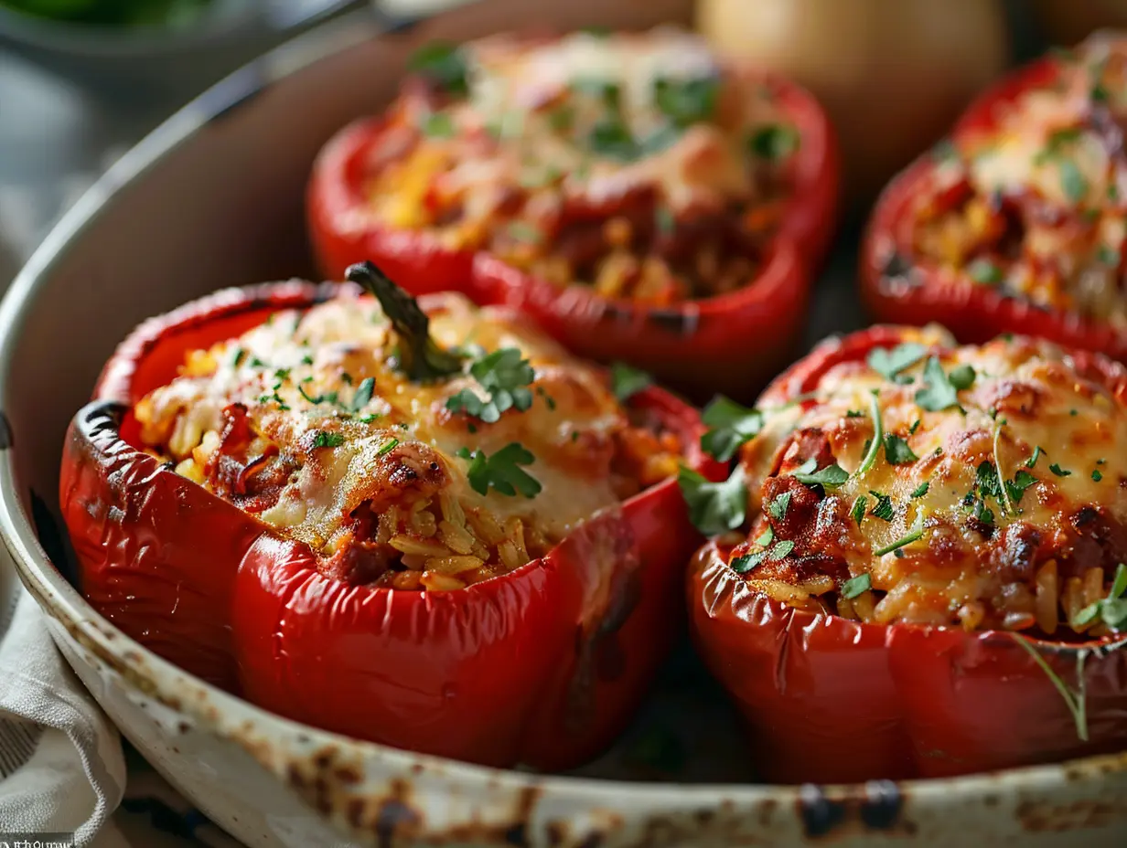 Fyra färgglada fyllda paprikor kycklingfärs gratinerade med smält ost och serverade på ett fat med färska örter.